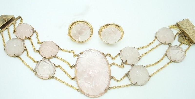 Art Deco 14k Yellow Gold Rose Quartz Bracelet Earring Set GIA Certified: Art Deco 14k Yellow Gold Rose Quartz Bracelet Earring Set GIA Certified This exquisite 14k Yellow Gold Jewelry Set features a stunning bracelet and matching earrings, both showcasing genuine natural r