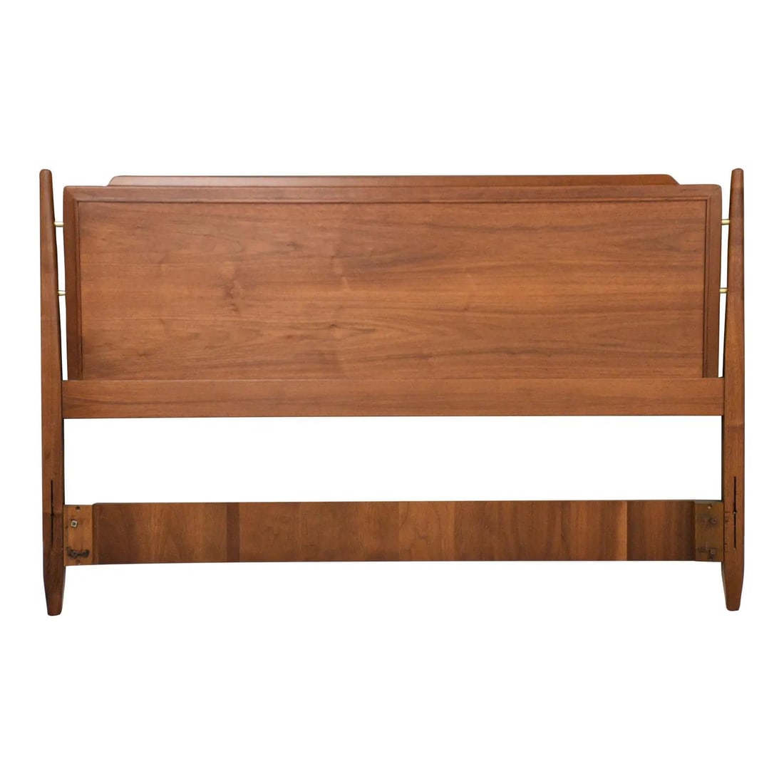 Mid Century Modern Walnut Full Size Headboard With Brass Accents Circa 1960s: Mid Century Modern Walnut Full Size Headboard With Brass Accents Circa 1960s This mid-century modern full-size headboard features a walnut construction with brass details and has been professionally r