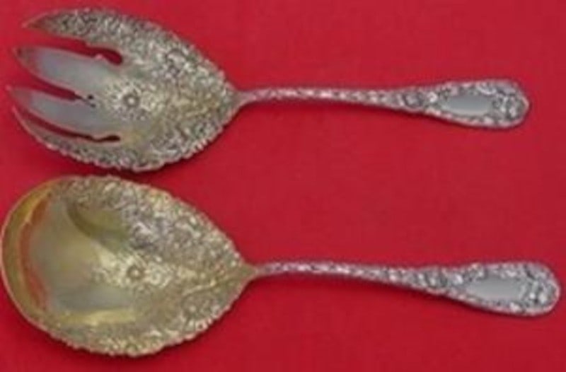 Durgin Chrysanthemum Sterling Silver Vegetable Serving Set 2pc Gold Washed Fork 9.25": Durgin Chrysanthemum Sterling Silver Vegetable Serving Set 2pc Gold Washed Fork 9.25" Enhance your dining experience with this exquisite 2-piece vegetable serving set in the iconic Chrysanthemum patte