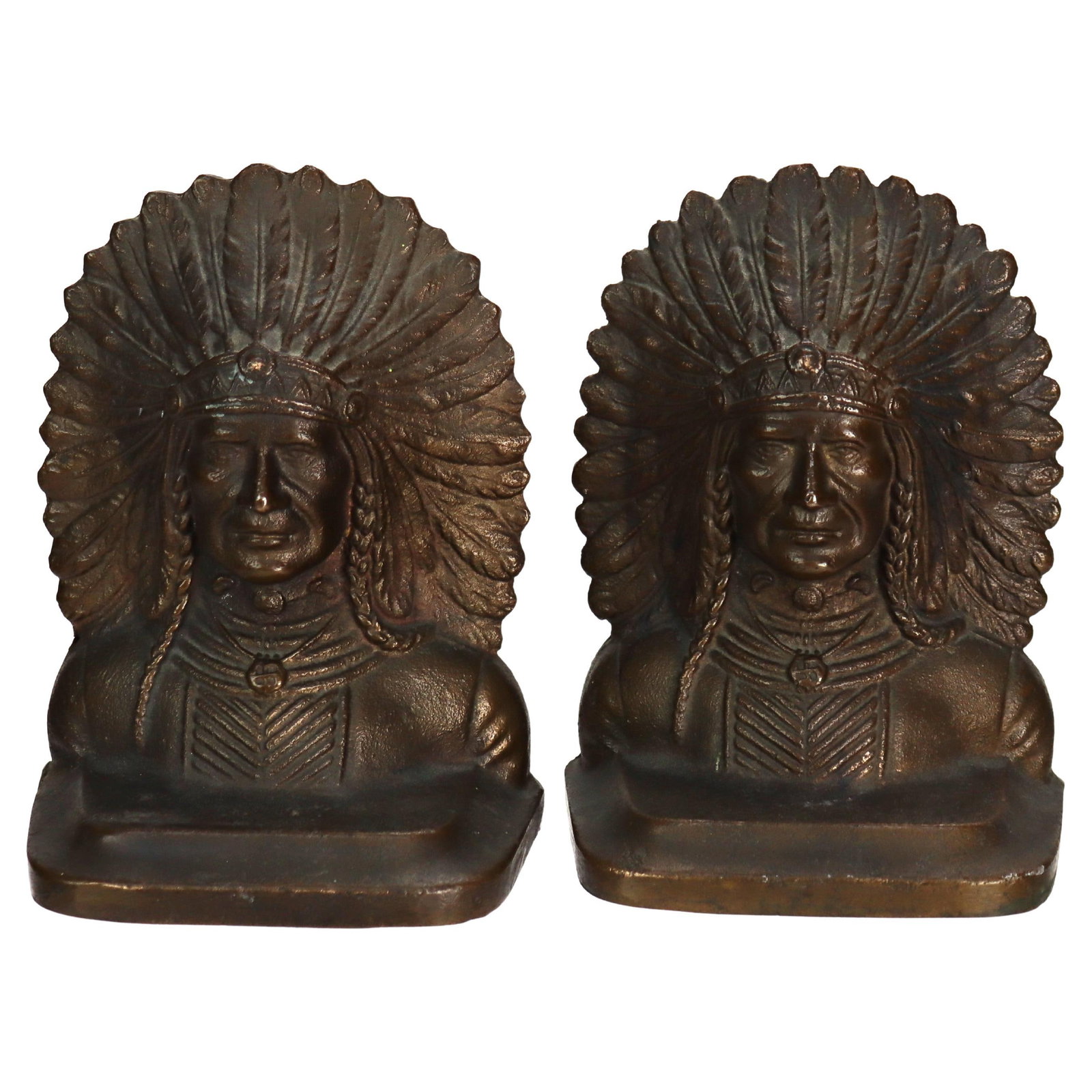 Pair of Bronze Bookends Depicting Native American Chief Circa 1920 (1 of 7)
