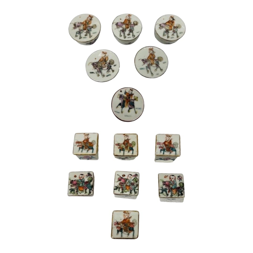 Qing Dynasty Set of 13 Antique Enameled Porcelain Salt Boxes: Qing Dynasty Set of 13 Antique Enameled Porcelain Salt Boxes This exquisite set of 13 antique Chinese porcelain enameled salt boxes hails from the Qing Dynasty, dating back to the 19th century. Each b
