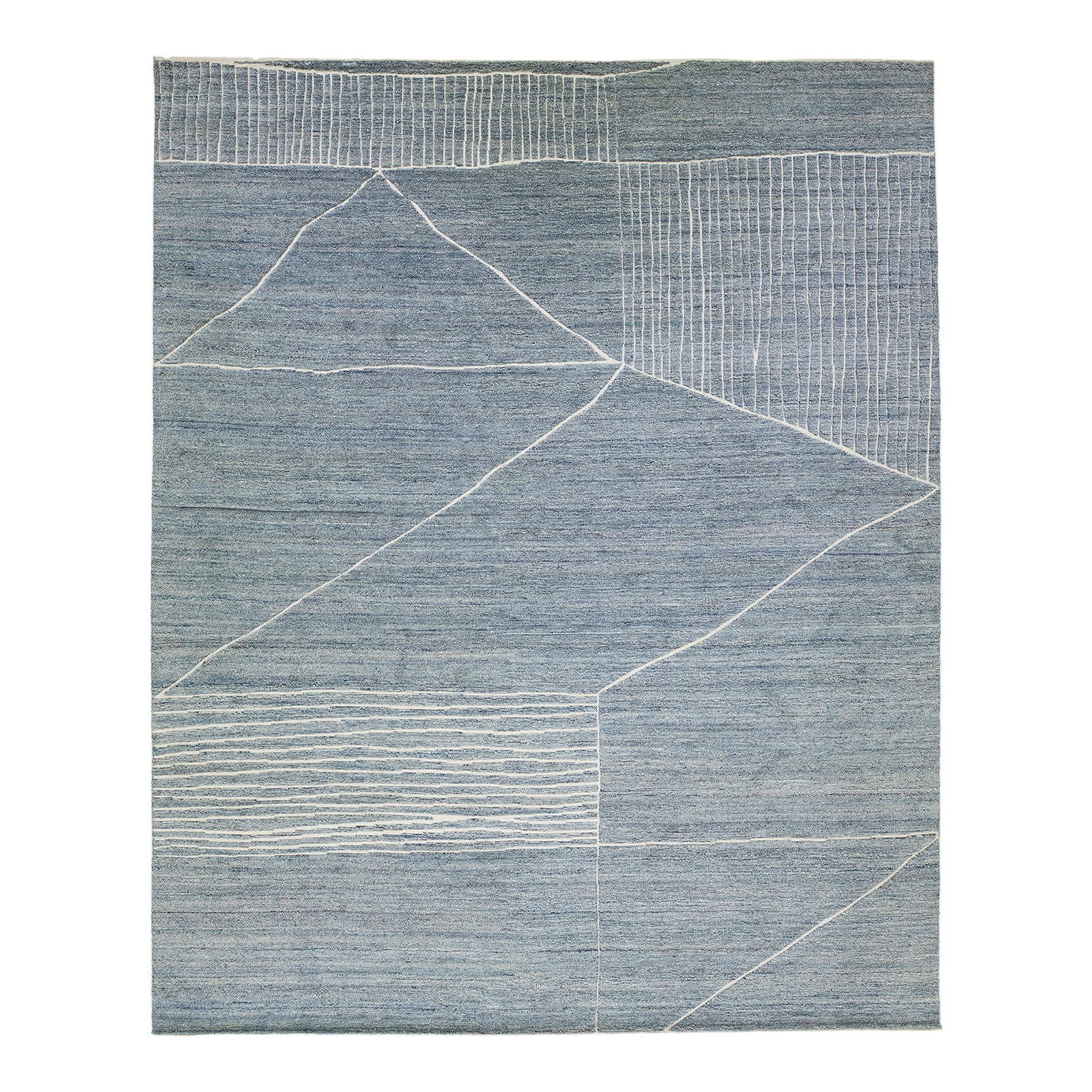 Oversized Wool Rug in Blue Contemporary Moroccan Design: Oversized Wool Rug in Blue Contemporary Moroccan Design Elevate your home decor with this stunning oversized wool rug, showcasing a contemporary Moroccan pattern in a chic abstract Minimalist style. T