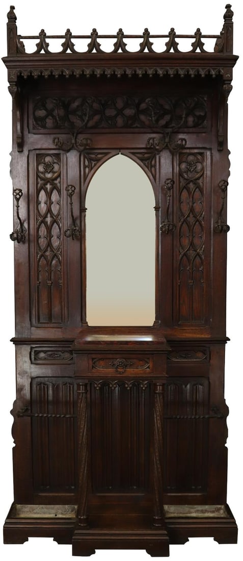 Gothic Antique Hall Tree with Mirror and Marble Top 1880 (1 of 12)