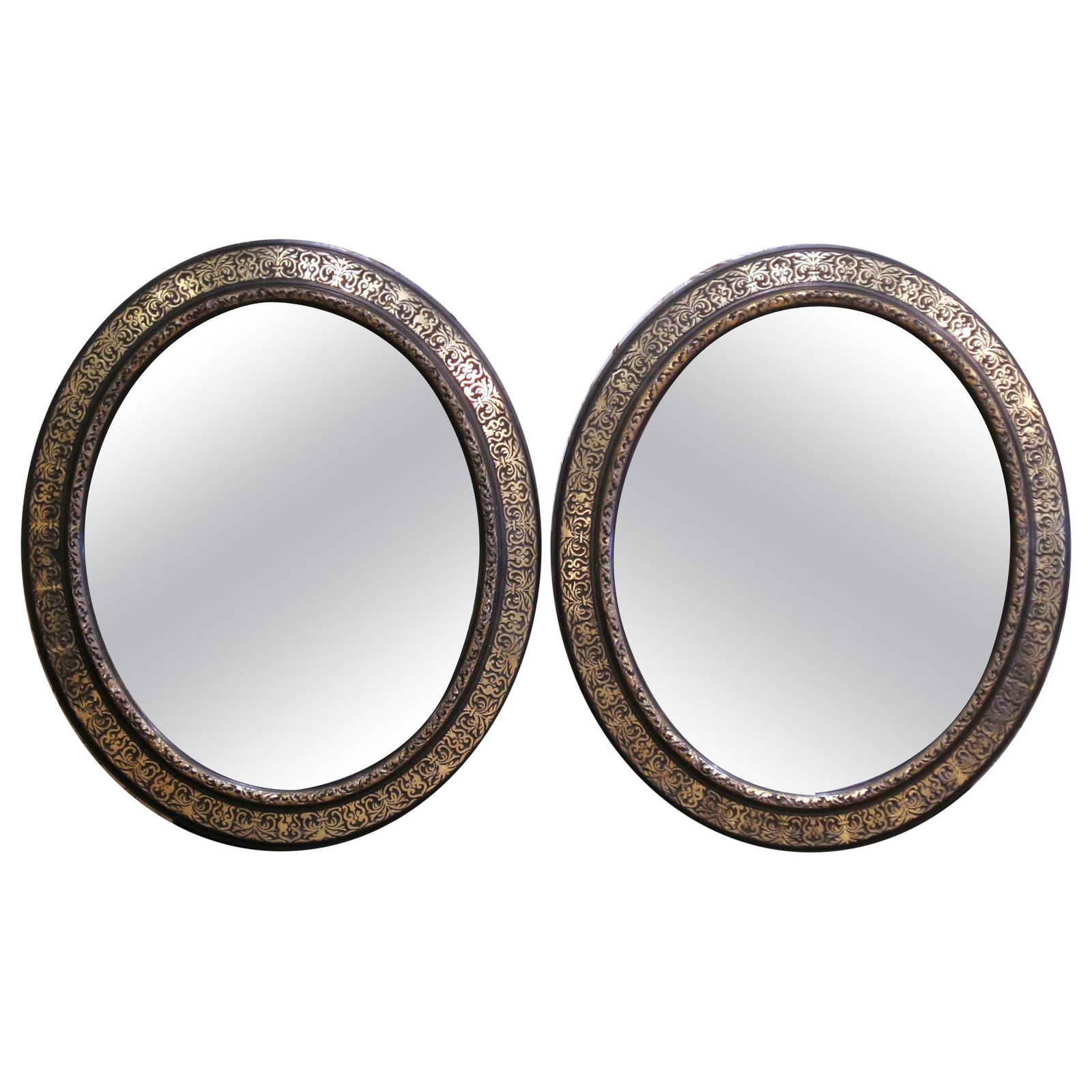 Antique Pair of 19th Century French Napoleon III Black Gold Mirrors Set (1 of 6)