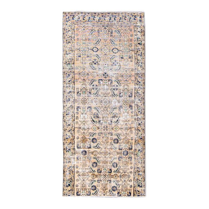 1960s Vintage Persian Wool Runner Beige Floral Design 3'8 x 8'5: 1960s Vintage Persian Wool Runner Beige Floral Design 3'8 x 8'5 This exquisite vintage Persian runner showcases a beautiful distressed design, hand-knotted with care. The rug features a soft beige fie