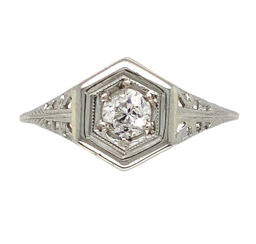 14k White Gold Art Deco Filigree Ring .22ct Diamond I1 Clarity (1 of 10)
