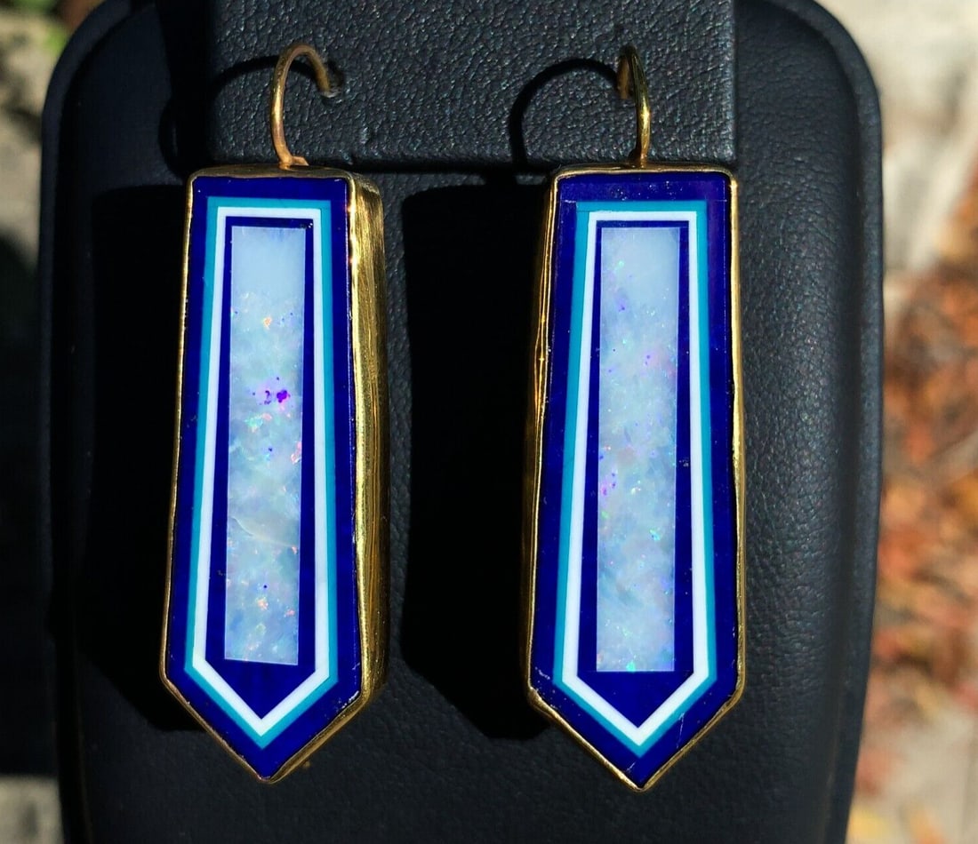 Kaufmann 14k Gold Vermeil Opal Intarsia Dangle Earrings with Lapis: Kaufmann 14k Gold Vermeil Opal Intarsia Dangle Earrings with Lapis These exquisite Kaufmann 14k Gold Vermeil Genuine Natural Opal Intarsia Earrings are a stunning addition to any jewelry collection. C