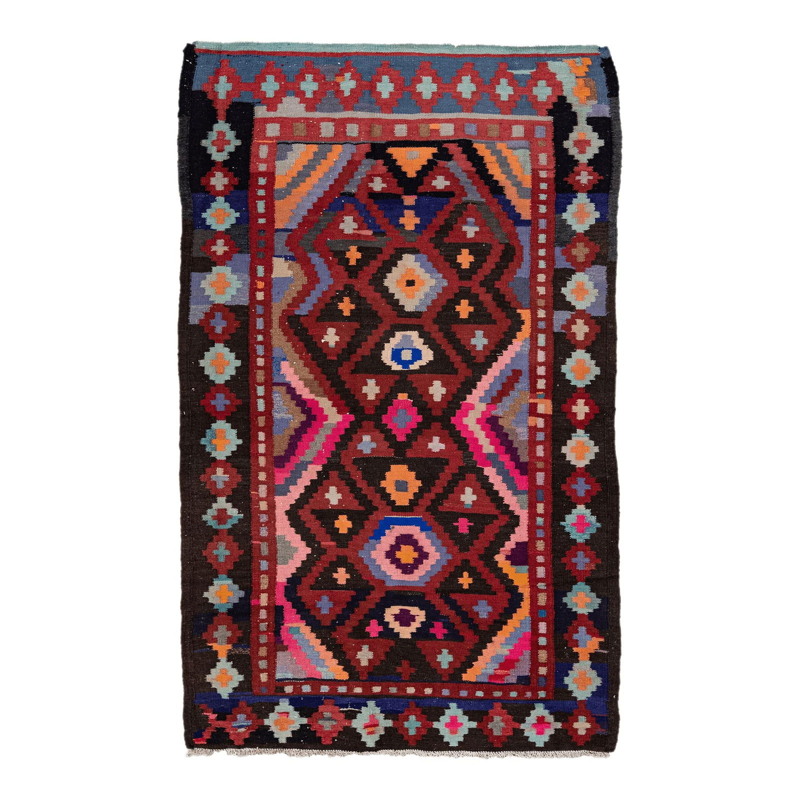 Vintage Kilim Handmade Wool Runner Red Geometric Design 5'1'' x 8'6'': Vintage Kilim Handmade Wool Runner Red Geometric Design 5'1'' x 8'6'' Enhance your space with this Vintage Kilim Handmade Flatweave Wool Runner, featuring a vibrant red field adorned with a stunning a