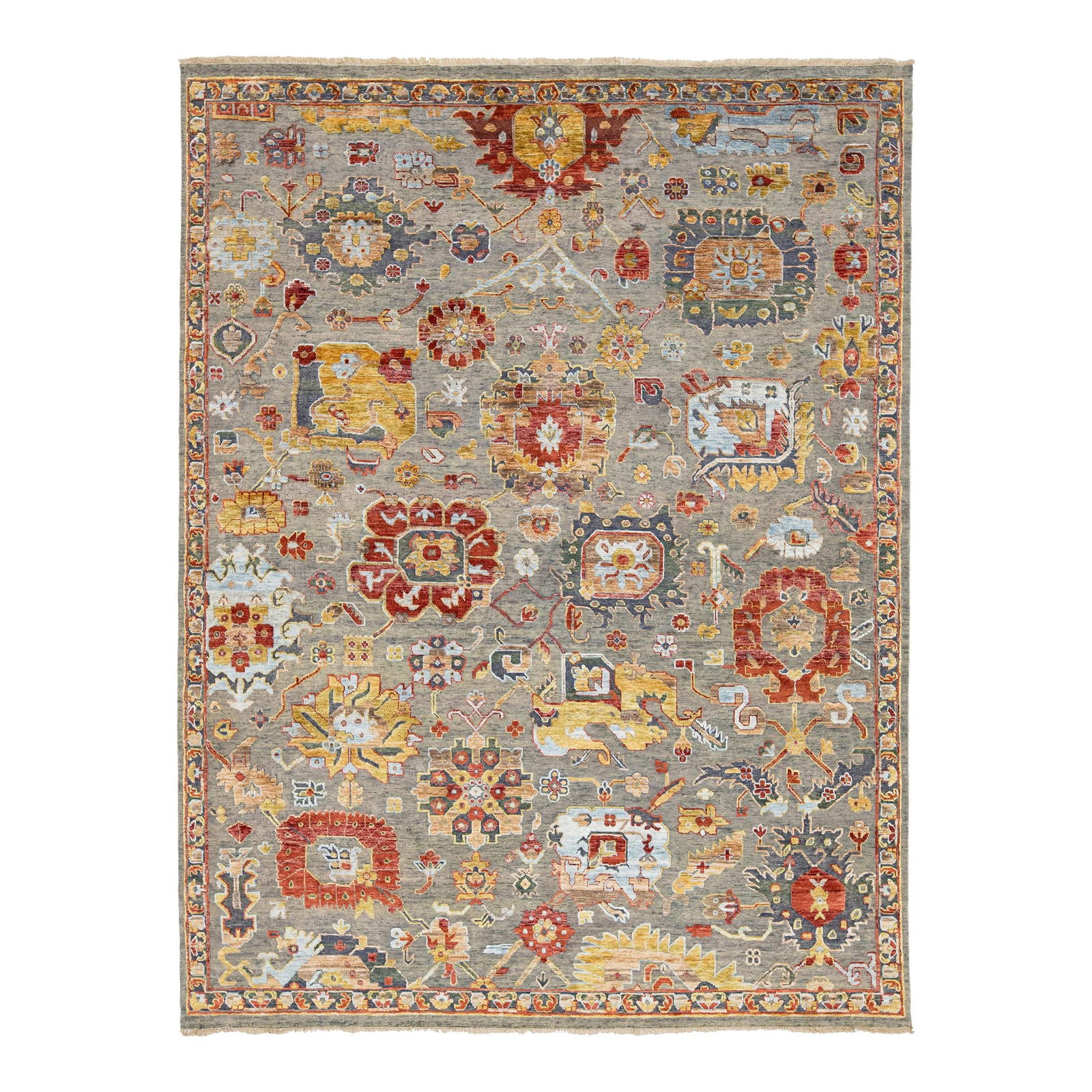 Handmade Gray Floral Wool Rug 8' x 10' Artisan Collection: Handmade Gray Floral Wool Rug 8' x 10' Artisan Collection Transform your living space with this exquisite Artisan Collection Handmade Indian Rug, crafted from a luxurious blend of wool and silk. This