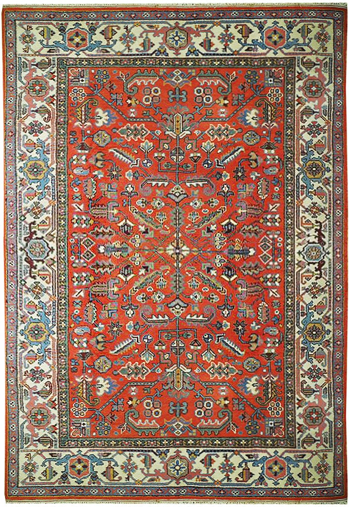 Handwoven 6'8 x 9'10 Salmon Red Semi-Antique Turkish Heriz Rug: Handwoven 6'8 x 9'10 Salmon Red Semi-Antique Turkish Heriz Rug Free continental US Shipping Enhance your living space with this exquisite handwoven semi-antique Turkish Heriz rug. Crafted in Turkey, t