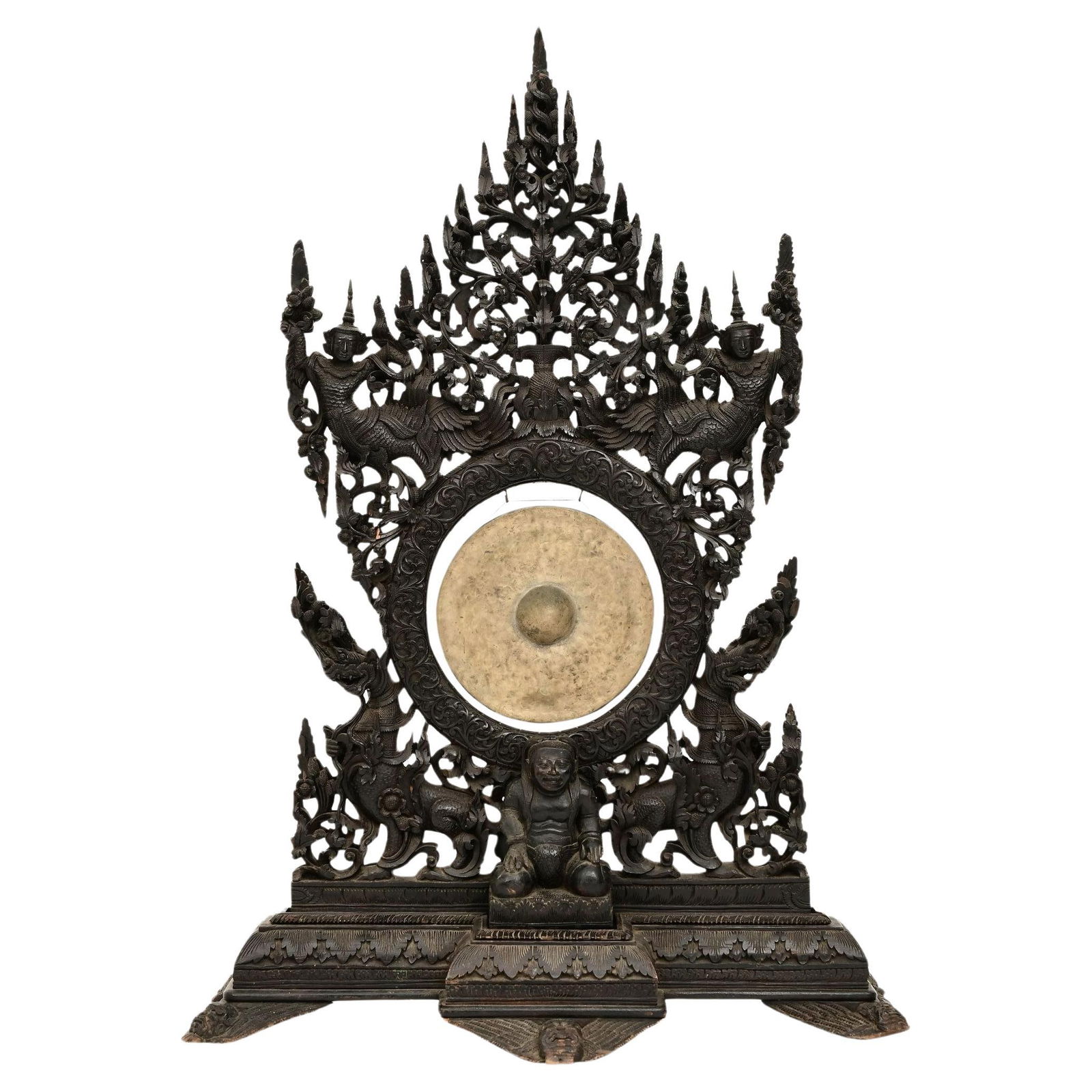 19th Century Burmese Hand-Carved Hardwood and Brass Ceremonial Gong: 19th Century Burmese Hand-Carved Hardwood and Brass Ceremonial Gong This large 19th-century Burmese ceremonial gong features intricate hand-carved designs in hardwood, adorned with brass. The