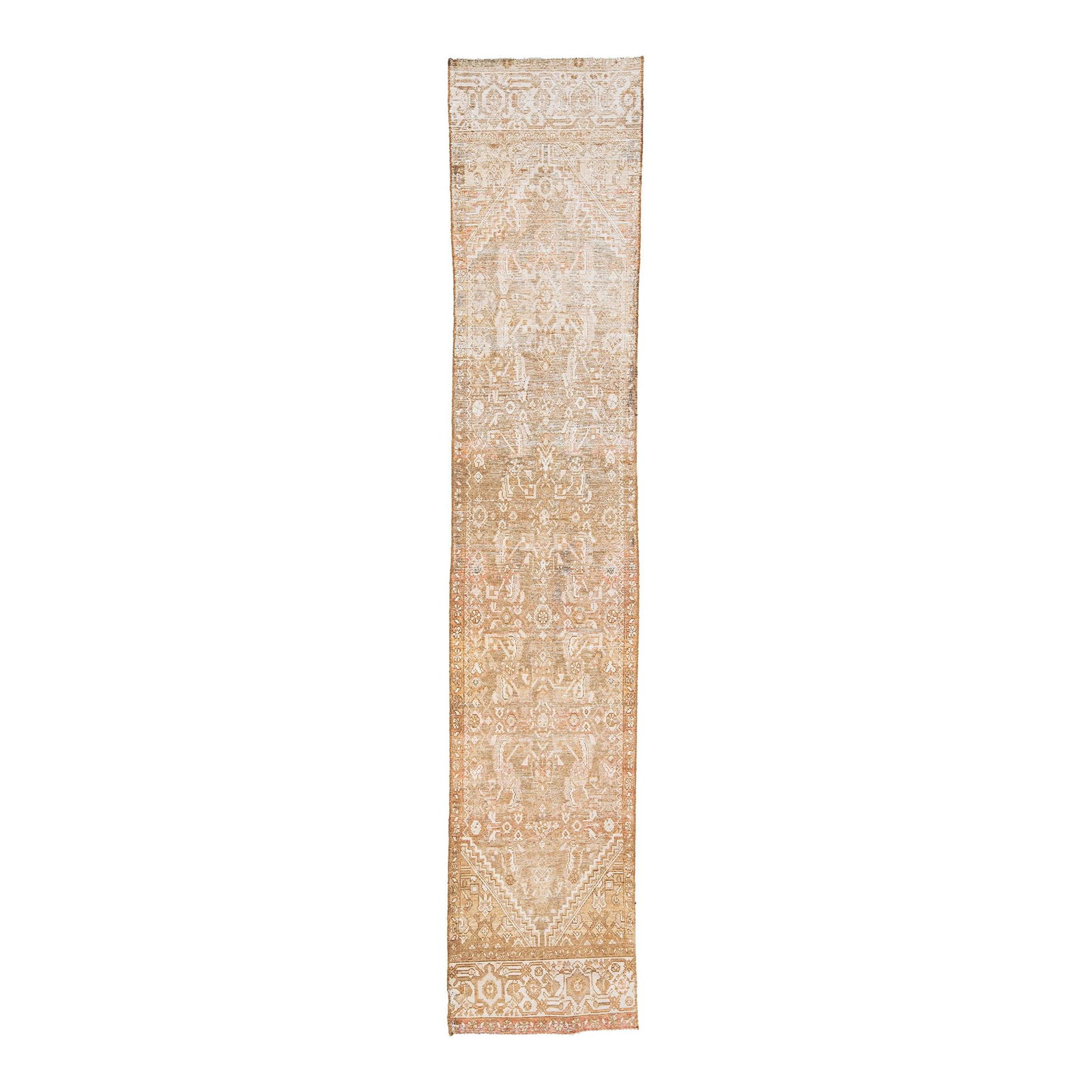 1960s Persian Malayer Beige Handmade Wool Runner 1'10 x 9'7: 1960s Persian Malayer Beige Handmade Wool Runner 1'10 x 9'7 This exquisite vintage Persian Malayer runner showcases a distressed hand-knotted wool construction with a soft beige field. Adorned with a