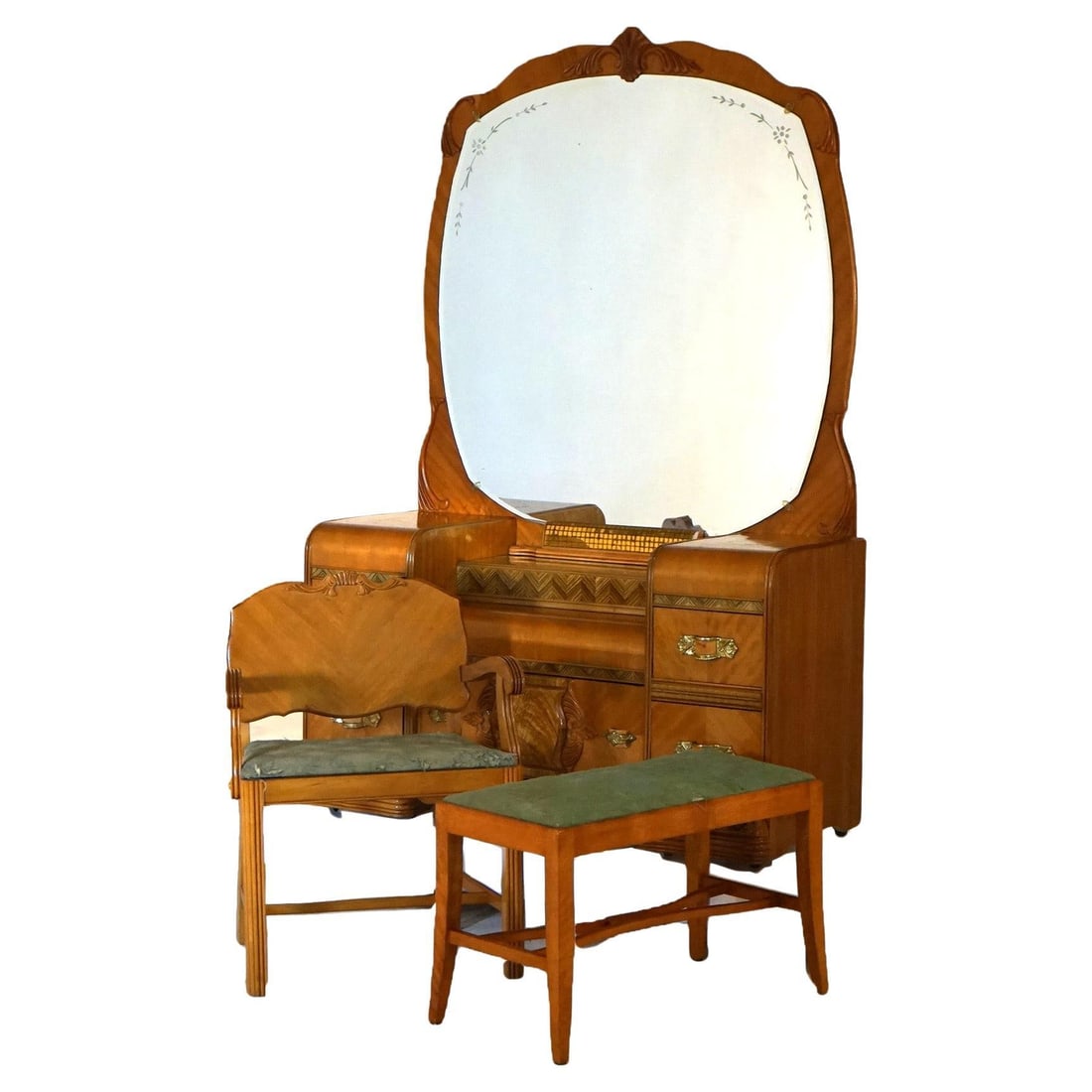 Vintage 1940 Waterfall Satinwood Dressing Table Set with Bakelite Handles (1 of 18)
