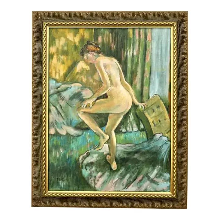 Bohemian Style Nude Woman Oil Painting on Canvas Signed by Artist: Bohemian Style Nude Woman Oil Painting on Canvas Signed by Artist This vintage boho oil painting on canvas features a nude female figure and is signed by the artist. The artwork showcases a unique