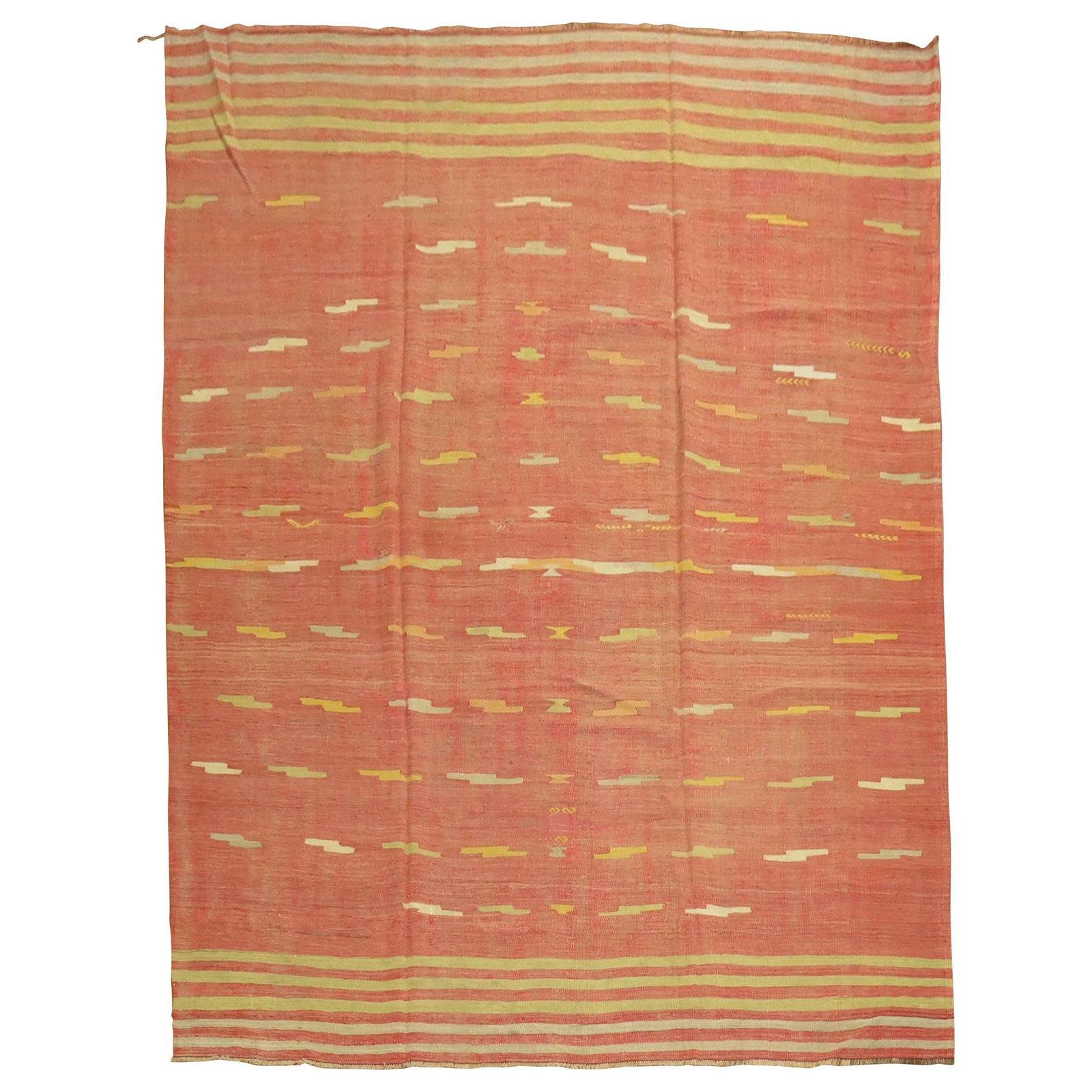 Mid-Century Melon Red Hand-Woven Turkish Kilim Rug 7'4 x 10'3: Mid-Century Melon Red Hand-Woven Turkish Kilim Rug 7'4 x 10'3 This stunning Melon Red Vintage Turkish Kilim Room Size Rug is a remarkable piece from the mid-20th century, crafted in Turkey. With a uni