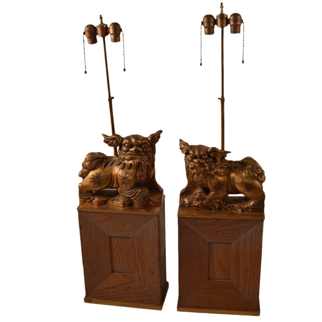 James Mont Pair of Gilt Foo Dog Lamps on Cerused Oak Bases (1 of 10)