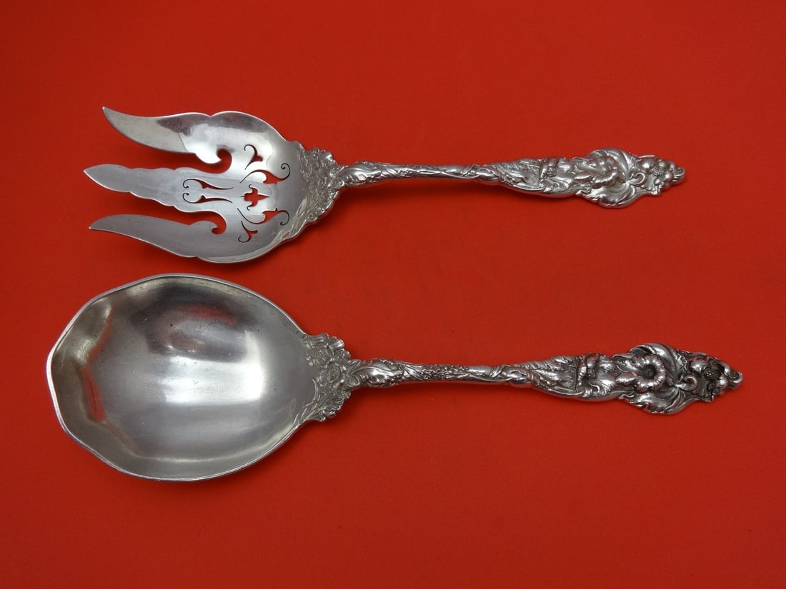 Reed and Barton Les Six Fleurs Sterling Silver Salad Serving Set 2pc 9 5/8" (1 of 1)