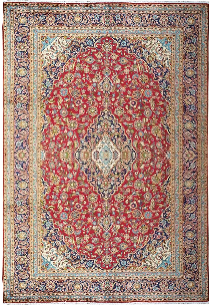 9.6 x 13.10 Persian Kashan Rug Traditional Red Blue Semi-Antique: 9.6 x 13.10 Persian Kashan Rug Traditional Red Blue Semi-Antique Free continental US Shipping Enhance your living space with this stunning semi-antique Persian Kashan rug. Measuring 9.6 x 13.10 feet,