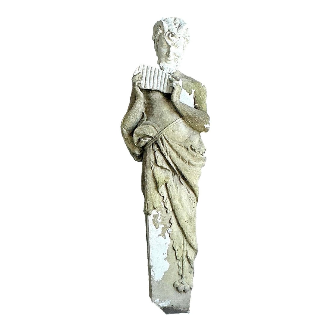 Cast Concrete Pan Garden Statue with Distressed Vintage Finish 64 Inch: Cast Concrete Pan Garden Statue with Distressed Vintage Finish 64 Inch This vintage cast concrete figure depicts Pan, the Greek god of nature, music, and revelry, holding his signature panpipes. Featu