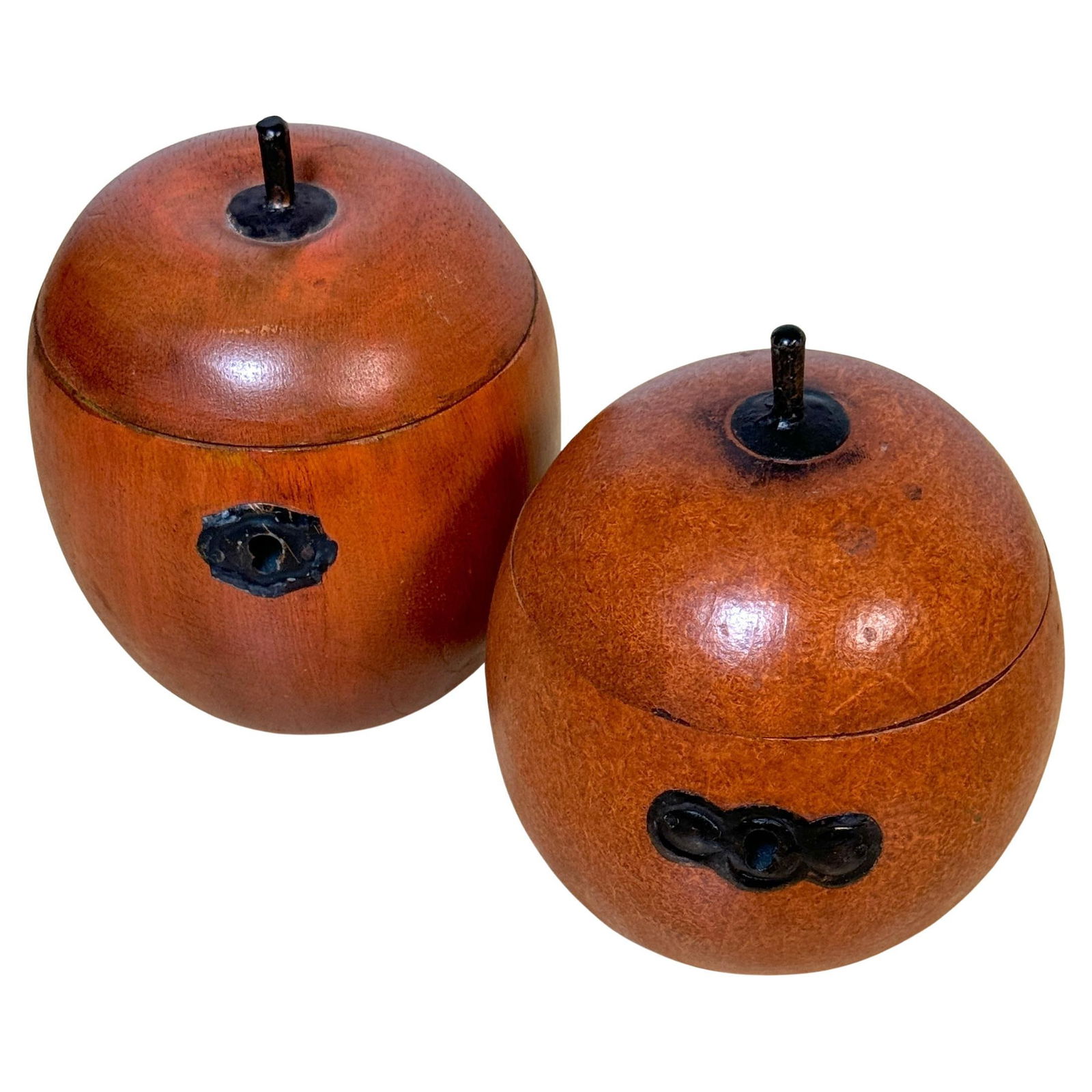 Set of 2 Georgian Style Polychromed Carved Wood Apple Boxes: Set of 2 Georgian Style Polychromed Carved Wood Apple Boxes Presenting a delightful set of two 20th-century English-style polychromed carved wood apple boxes, also known as tea caddies. Crafted in