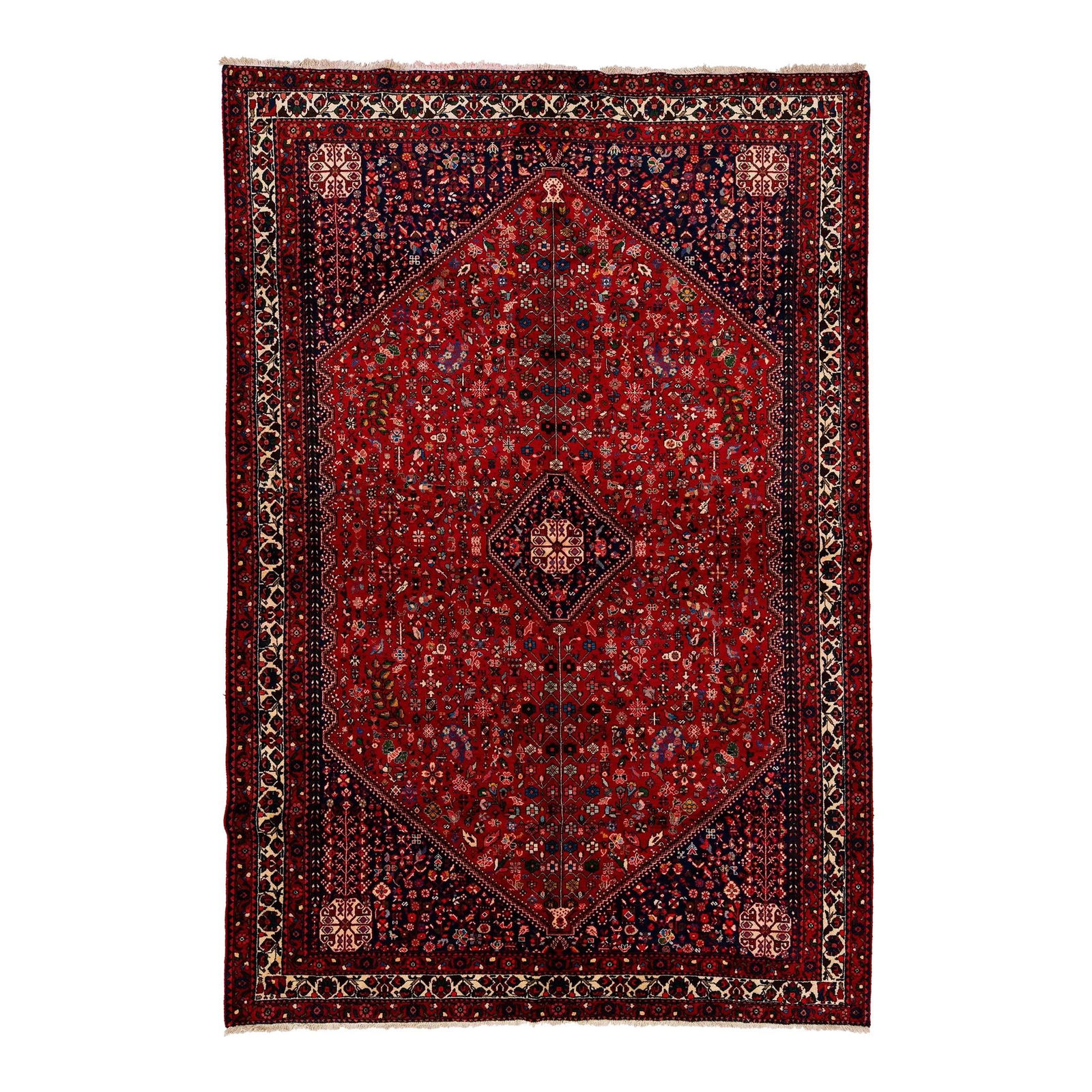 1960s Persian Shiraz Handmade Wool Rug Red Floral Design 6'11 x 10'2: 1960s Persian Shiraz Handmade Wool Rug Red Floral Design 6'11 x 10'2 This vintage Persian Shiraz rug showcases a stunning red field adorned with a vibrant floral motif, meticulously handmade from high