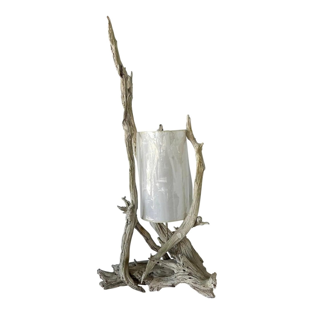Monumental Driftwood Floor Lamp with White Drum Shade Boho Chic Coastal Style (1 of 10)