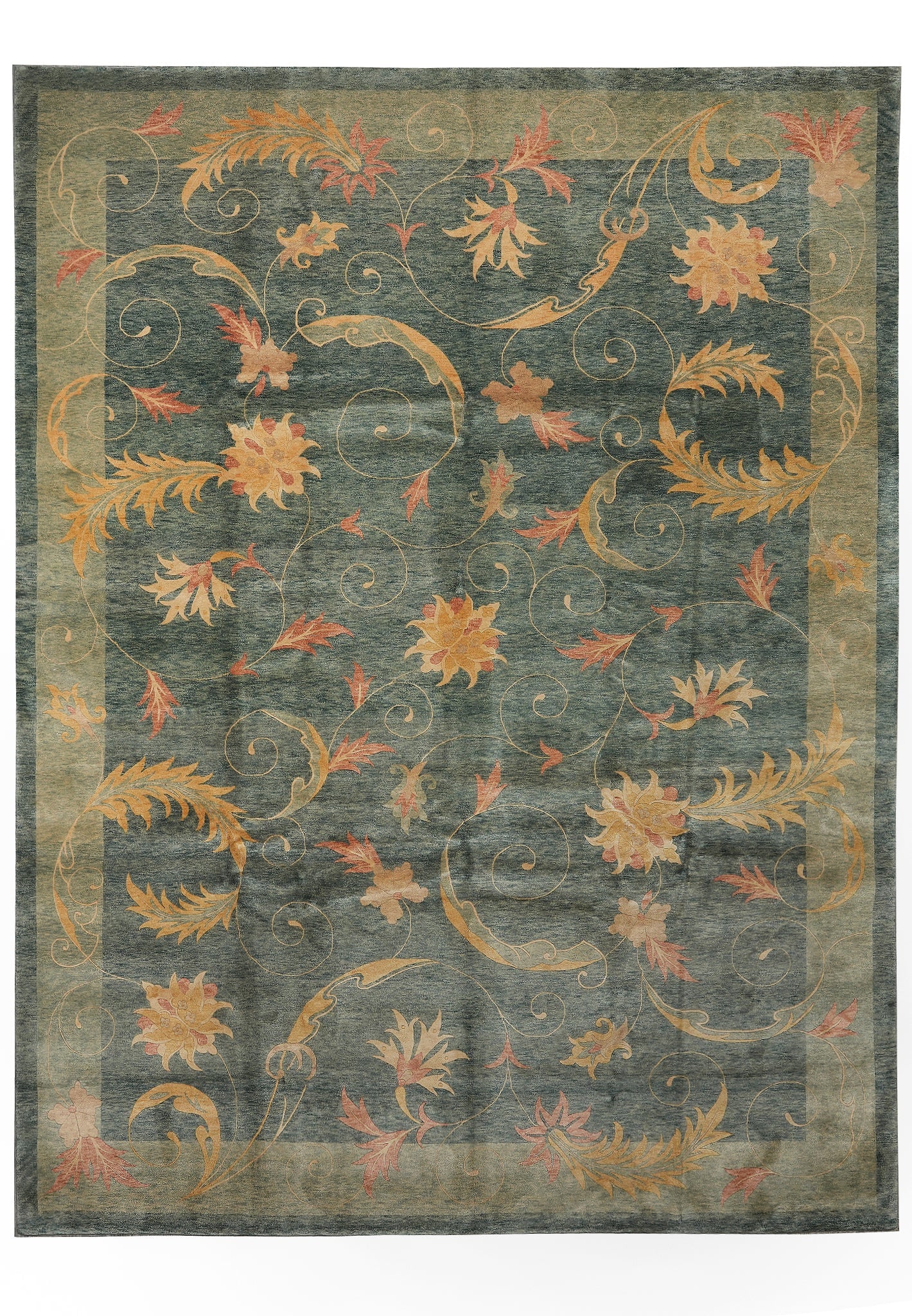 8.7 x 11.6 Hand-Knotted Green Wool Transitional Nepal Rug: 8.7 x 11.6 Hand-Knotted Green Wool Transitional Nepal Rug Free continental US Shipping This transitional contemporary rug is hand-knotted from quality natural wool and features a green color palette.