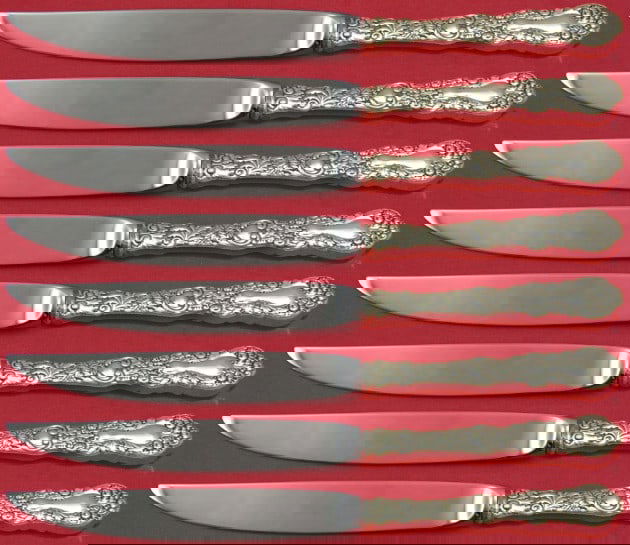 Gorham Imperial Chrysanthemum 8pc Sterling Silver Steak Knife Set: Gorham Imperial Chrysanthemum 8pc Sterling Silver Steak Knife Set Enhance your dining experience with this exquisite set of Imperial Chrysanthemum steak knives by Gorham. Crafted from sterling silver,