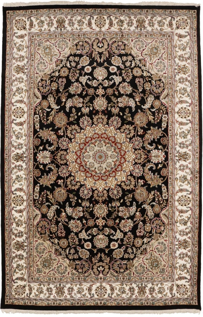 5'2 x 7'11 Wool and Silk Floral Area Rug Hand-Knotted Modern Indian Carpet: 5'2 x 7'11 Wool and Silk Floral Area Rug Hand-Knotted Modern Indian Carpet This handmade Indo-Nain Oriental rug features a traditional floral pattern, hand-knotted from wool and silk. The rug has a re