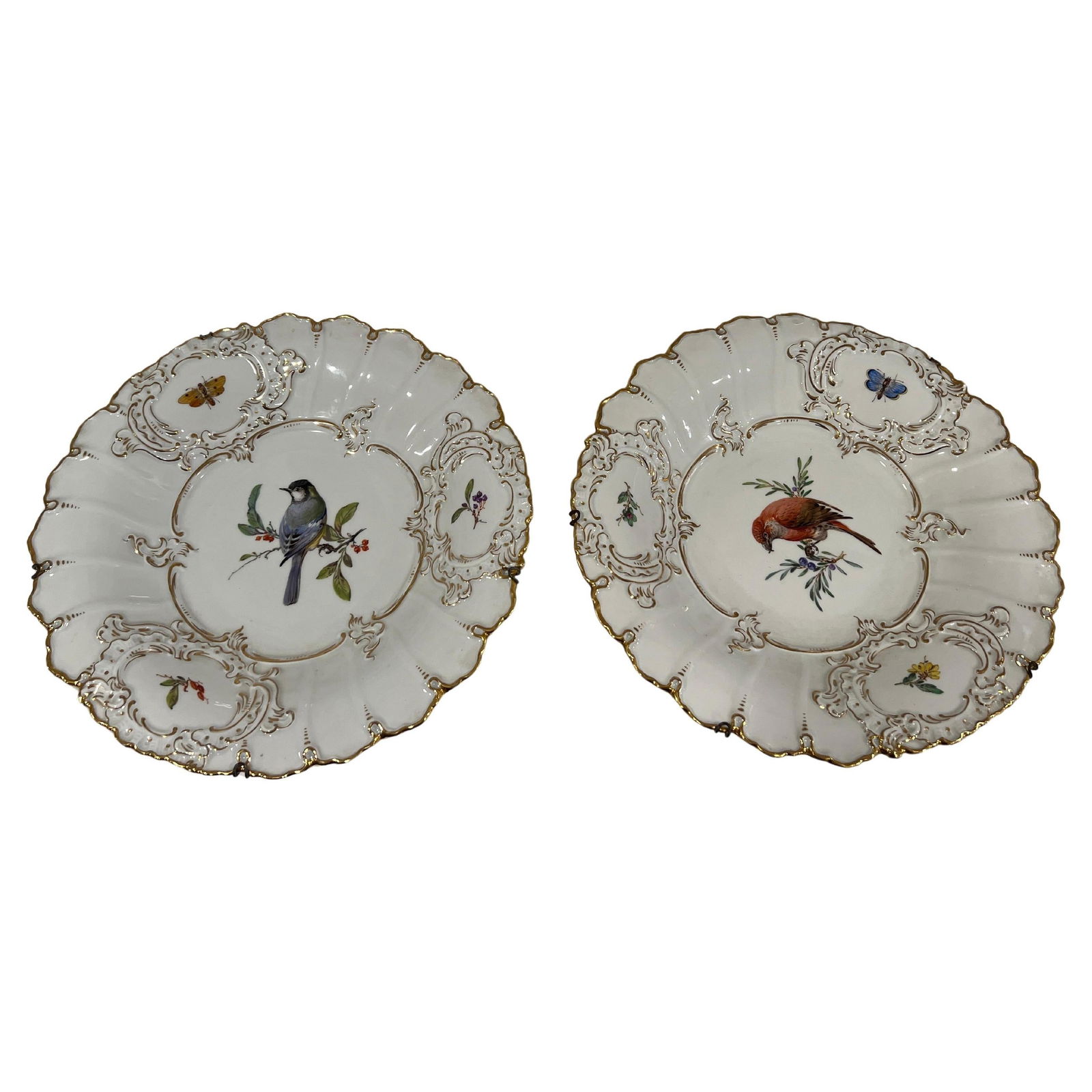 Set of 2 Antique Meissen Porcelain Bird Chargers with Gold Gilding (1 of 12)