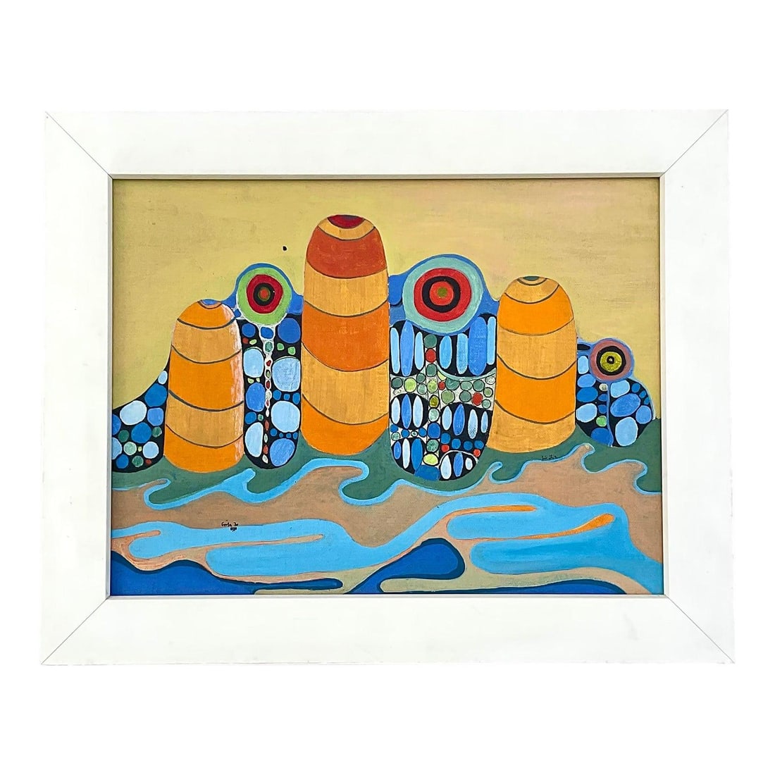 1970 Signed Psychedelic Abstract Painting in White Frame: 1970 Signed Psychedelic Abstract Painting in White Frame This vintage 1970 post-modern psychedelic abstract painting is signed and dated by the artist. Featuring a striking combination of geometric an