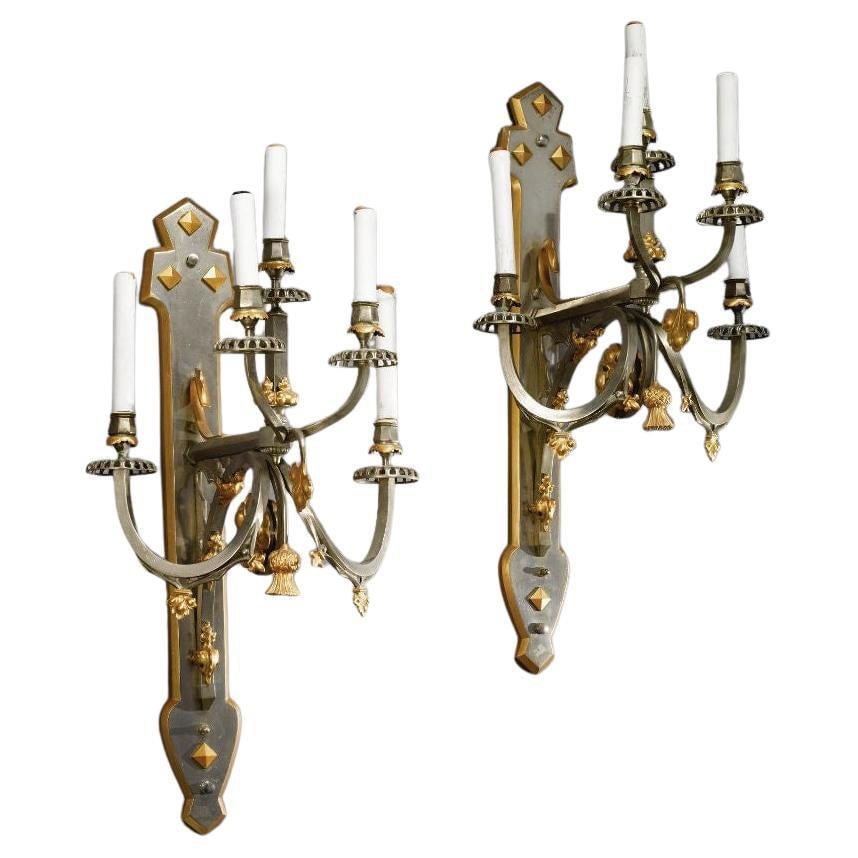 Set of Two French Gothic Revival Steel and Gilt Bronze Five-Light Wall Sconces (1 of 17)