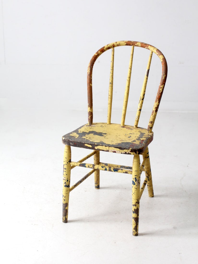 Antique Bow Back Windsor Chair Chippy Yellow Paint Farmhouse Style (1 of 13)