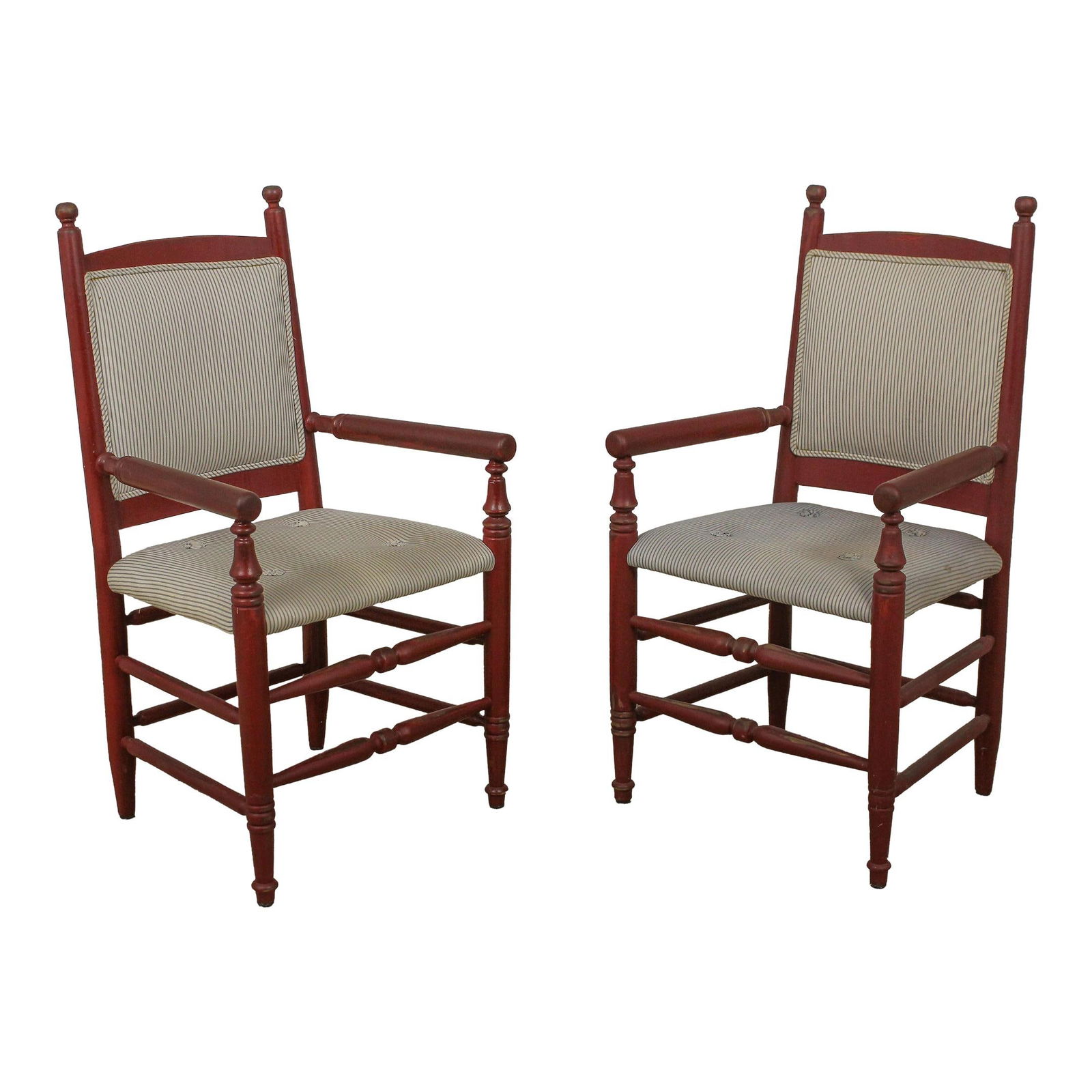 Charming Pair of Red Painted Open Arm Farmhouse Chairs: Charming Pair of Red Painted Open Arm Farmhouse Chairs This charming pair of country red painted open arm farmhouse chairs brings warmth and character to any space. With a distressed red finish, these