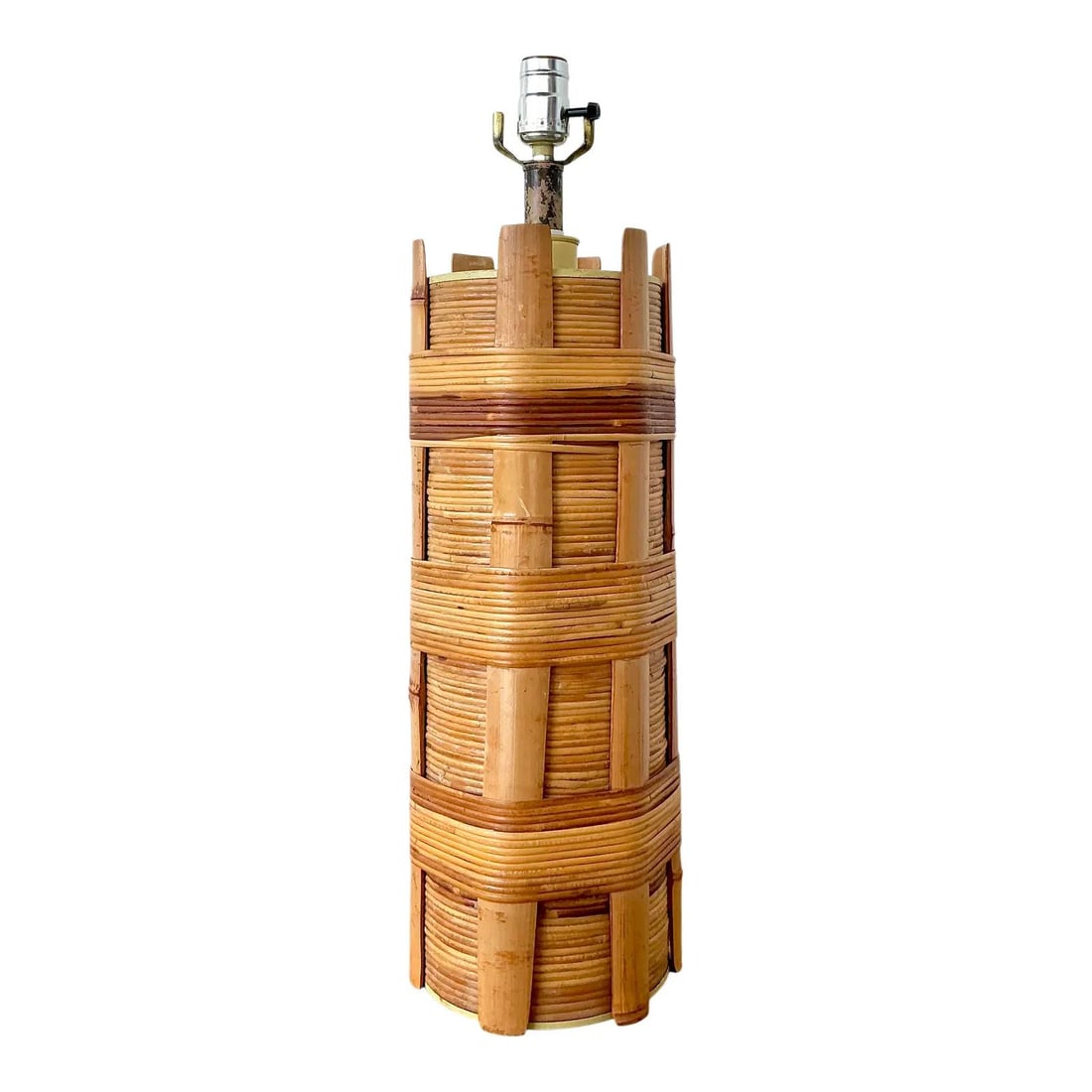 1970s Coiled Rattan Table Lamp With Bamboo Accents Boho Chic Style: 1970s Coiled Rattan Table Lamp With Bamboo Accents Boho Chic Style This vintage rattan table lamp features a cylindrical column body crafted from tightly coiled rattan or pencil reed, accented with ve
