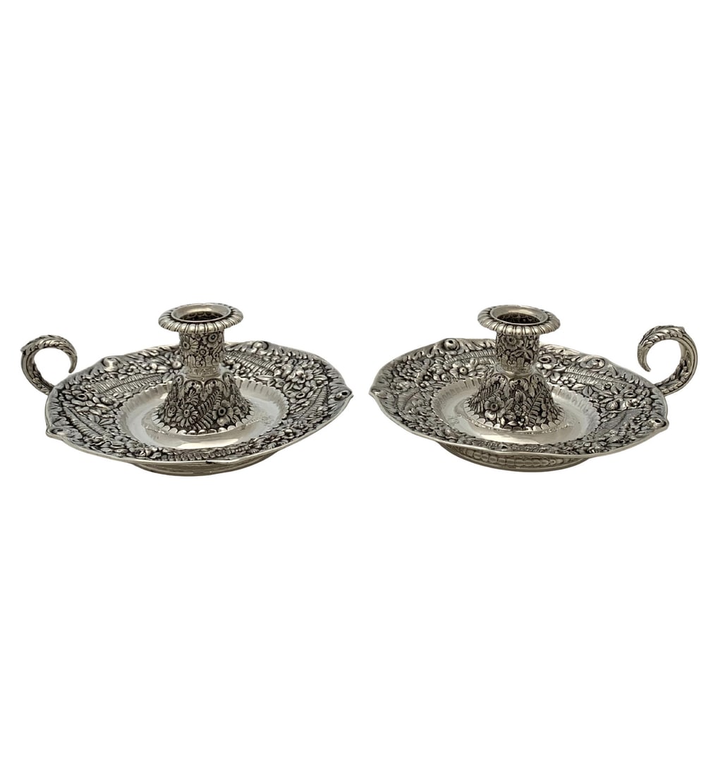 Antique Tiffany & Co 925 Sterling Silver Repousse Candle Chambersticks: Antique Tiffany & Co 925 Sterling Silver Repousse Candle Chambersticks This exquisite pair of antique chambersticks by Tiffany & Co. is crafted from 925 sterling silver, showcasing a stunning handmade