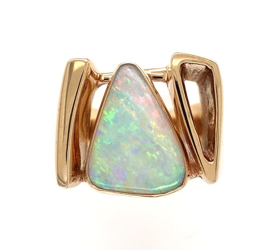 14k Yellow Gold Custom Triangular Opal Ring by Rose Holloway Size 9.5: 14k Yellow Gold Custom Triangular Opal Ring by Rose Holloway Size 9.5 This exquisite ring features a stunning triangular cabochon Australian opal, showcasing a vibrant multicolor play of color, includ