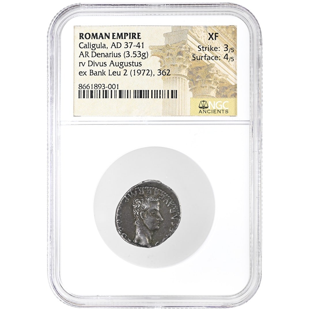 Caligula Silver Denarius NGC XF Key Date Divus Augustus Reverse AD 37-41: Caligula Silver Denarius NGC XF Key Date Divus Augustus Reverse AD 37-41 This Roman Empire silver denarius features Emperor Caligula, struck between AD 37-41. The reverse depicts Divus Augustus. The c