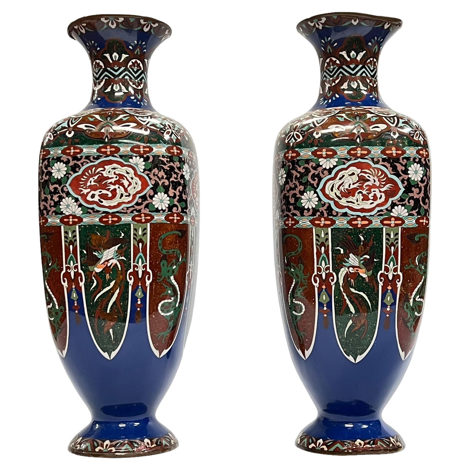 Set of Two Meiji Period Japanese Blue Cloisonne Enamel Vases (1 of 18)