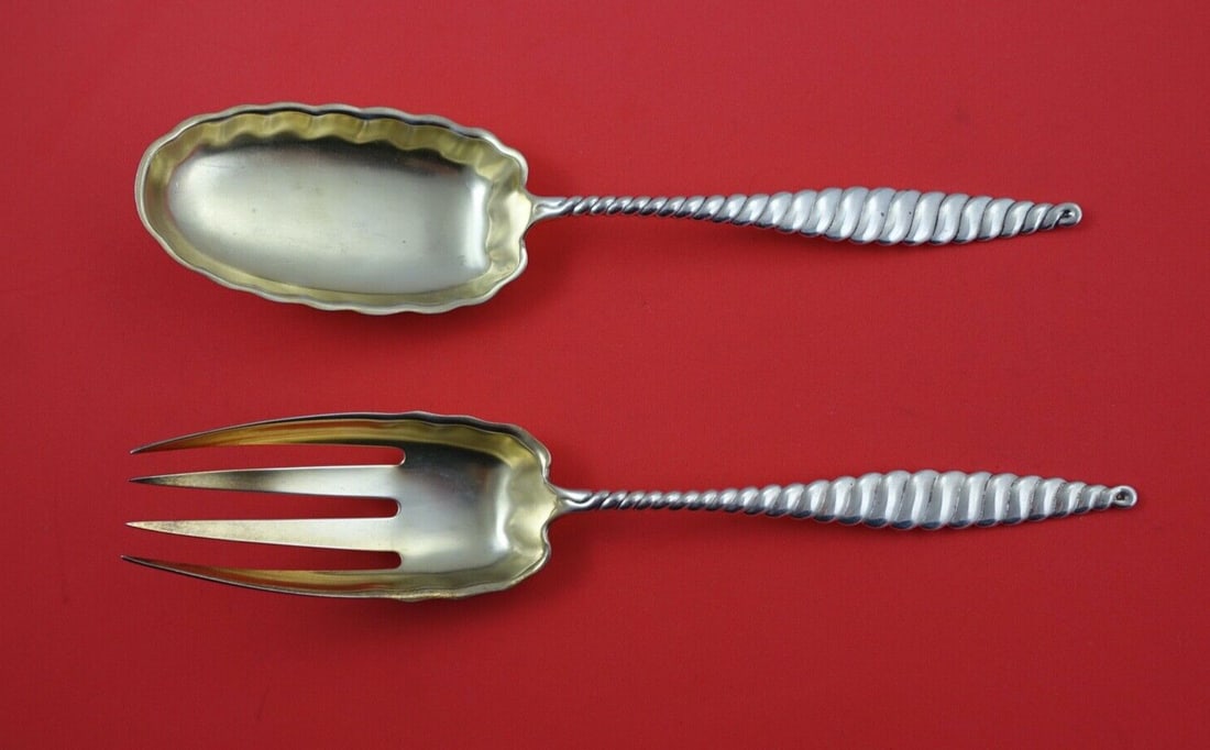 Whiting Oval Twist Sterling Silver Salad Serving Set Gold Washed 9.5in: Whiting Oval Twist Sterling Silver Salad Serving Set Gold Washed 9.5in Elevate your dining experience with this exquisite Oval Twist Salad Serving Set by Whiting. Crafted from high-quality sterling si
