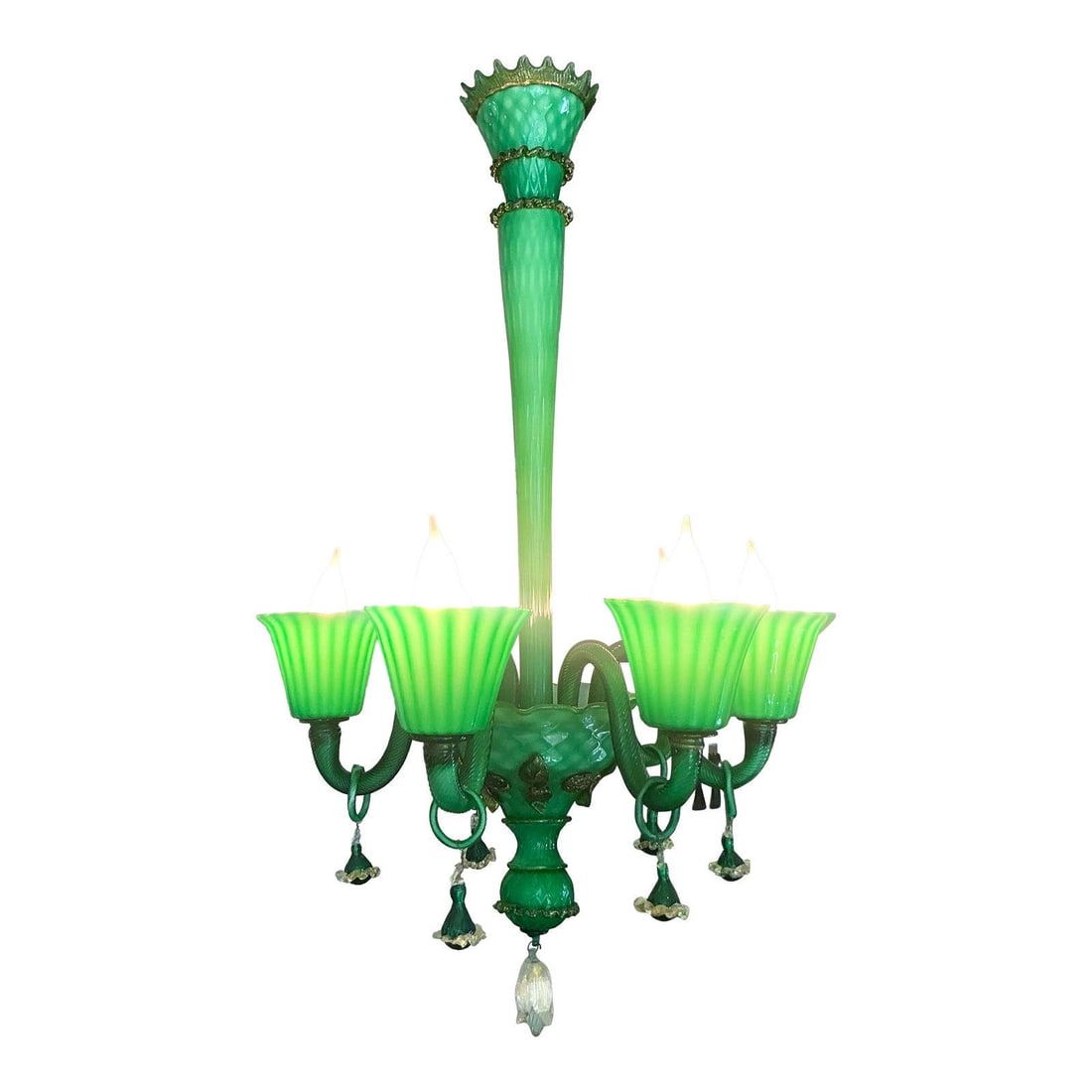 Emerald Green Six Arm Venetian Glass Chandelier with Gold Accents (1 of 10)