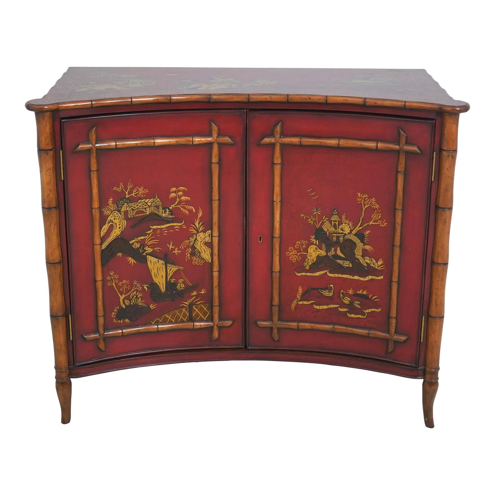 Chinoiserie 2 Door Commode Cabinet Red Bamboo Design (1 of 10)
