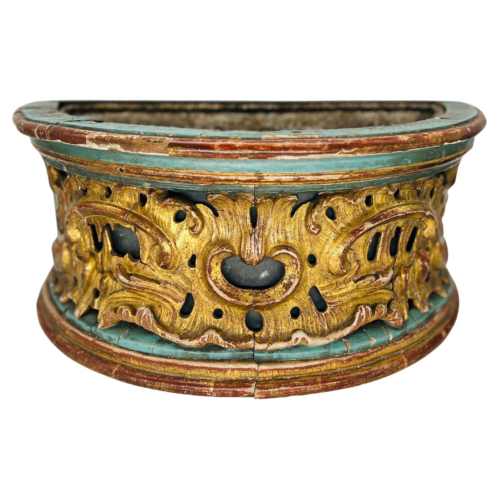 18th Century Italian Baroque Giltwood Planter with Mirror: 18th Century Italian Baroque Giltwood Planter with Mirror This exquisite 18th-century Italian planter exemplifies the elegance of Rococo Baroque craftsmanship. Featuring a stunning French blue painted