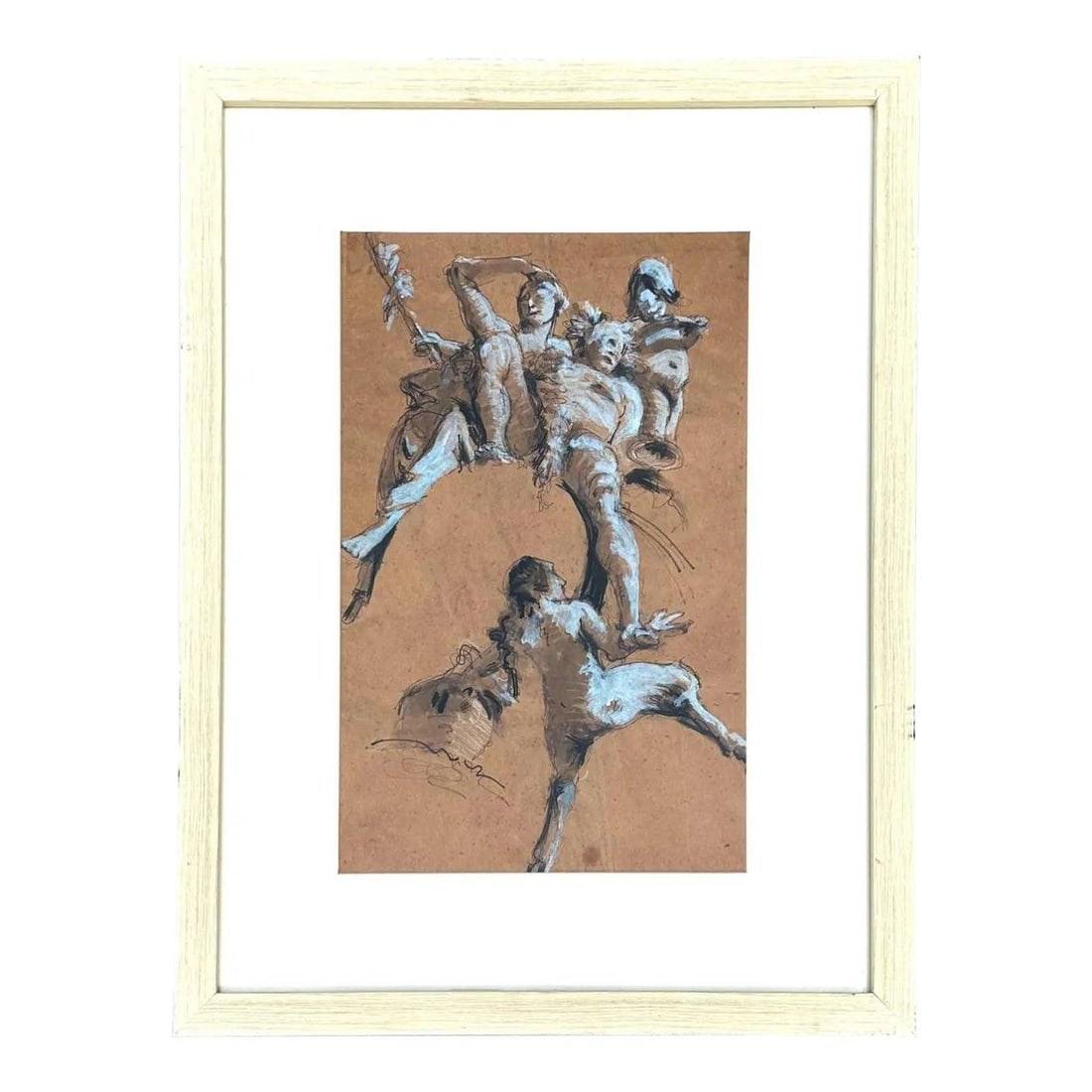 Framed Boho Style Mid-Century Sketch on Paper Artwork: Framed Boho Style Mid-Century Sketch on Paper Artwork This mid-20th century vintage Boho sketch on paper features dynamic human forms in motion, rendered with expert strokes and expressive style. The