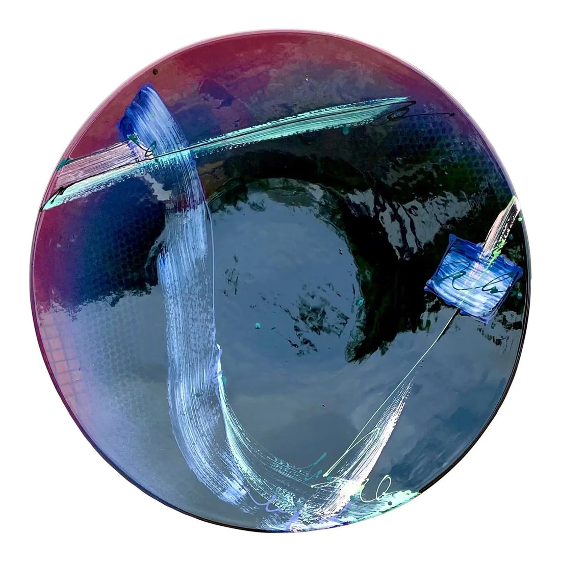 Signed Postmodern Ceramic Plate with Bold Hand Painted Abstract Design: Signed Postmodern Ceramic Plate with Bold Hand Painted Abstract Design This vintage postmodern glazed ceramic plate features a striking hand-painted design with bold brushstrokes in blue and turquoise