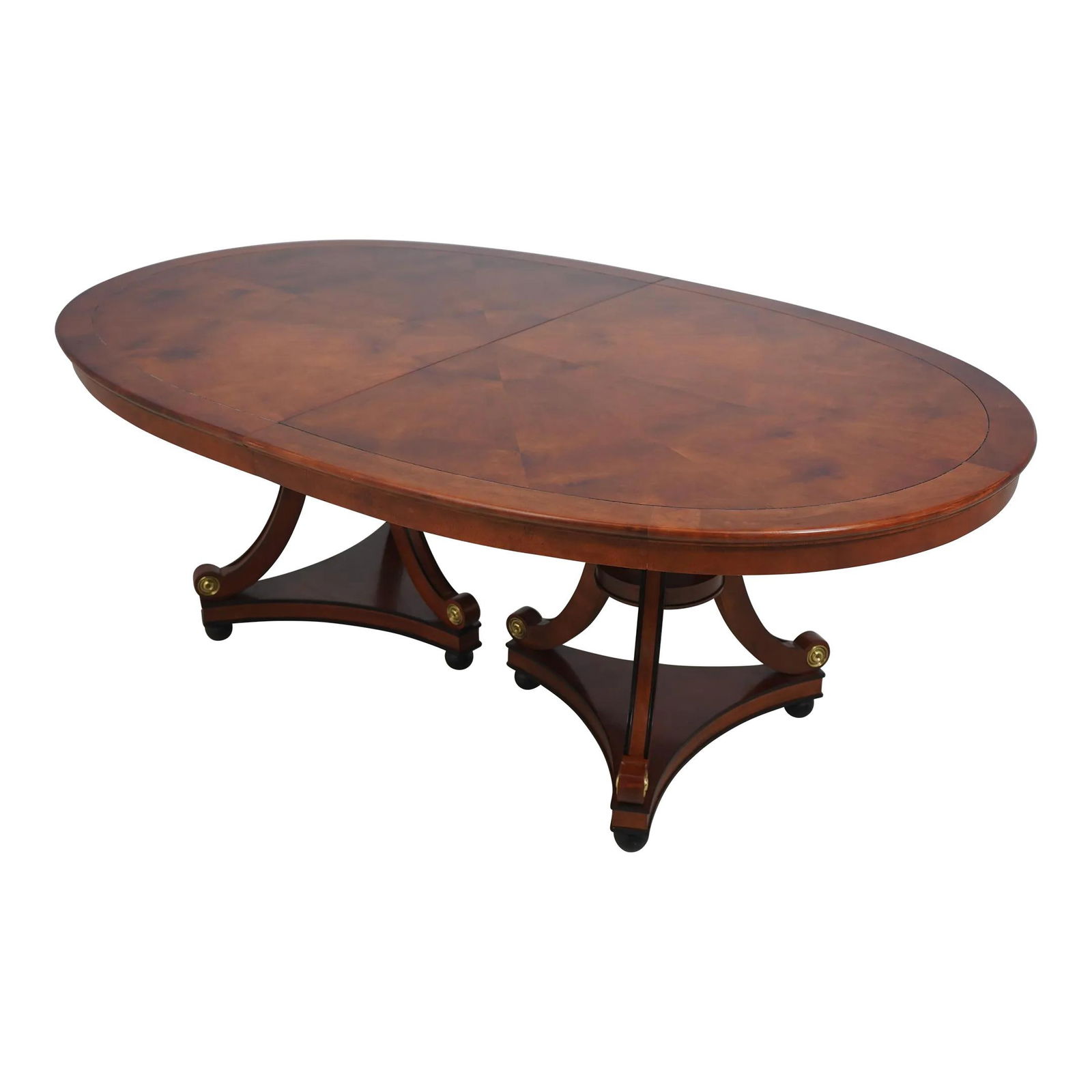 Century Neoclassical Oval Dining Table with Brass Trim and Leaves: Century Neoclassical Oval Dining Table with Brass Trim and Leaves This elegant Century Neoclassical Oval Dining Room Table showcases a refined design with high-quality construction. The table features
