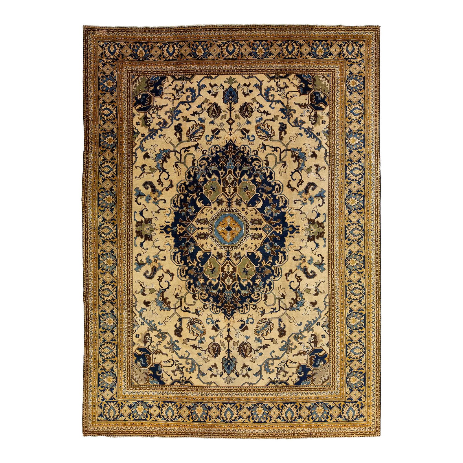 Antique Persian Tabriz Wool Rug 9'5 x 13'2 Medallion Design Beige Navy: Antique Persian Tabriz Wool Rug 9'5 x 13'2 Medallion Design Beige Navy Discover the elegance of this antique Persian Tabriz wool rug, showcasing a stunning center medallion design adorned with navy bl