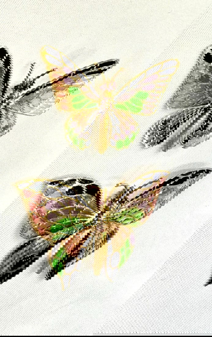 Exquisite Set of 2 European 18K Gold Ruby Enamel Butterfly Brooches (1 of 9)