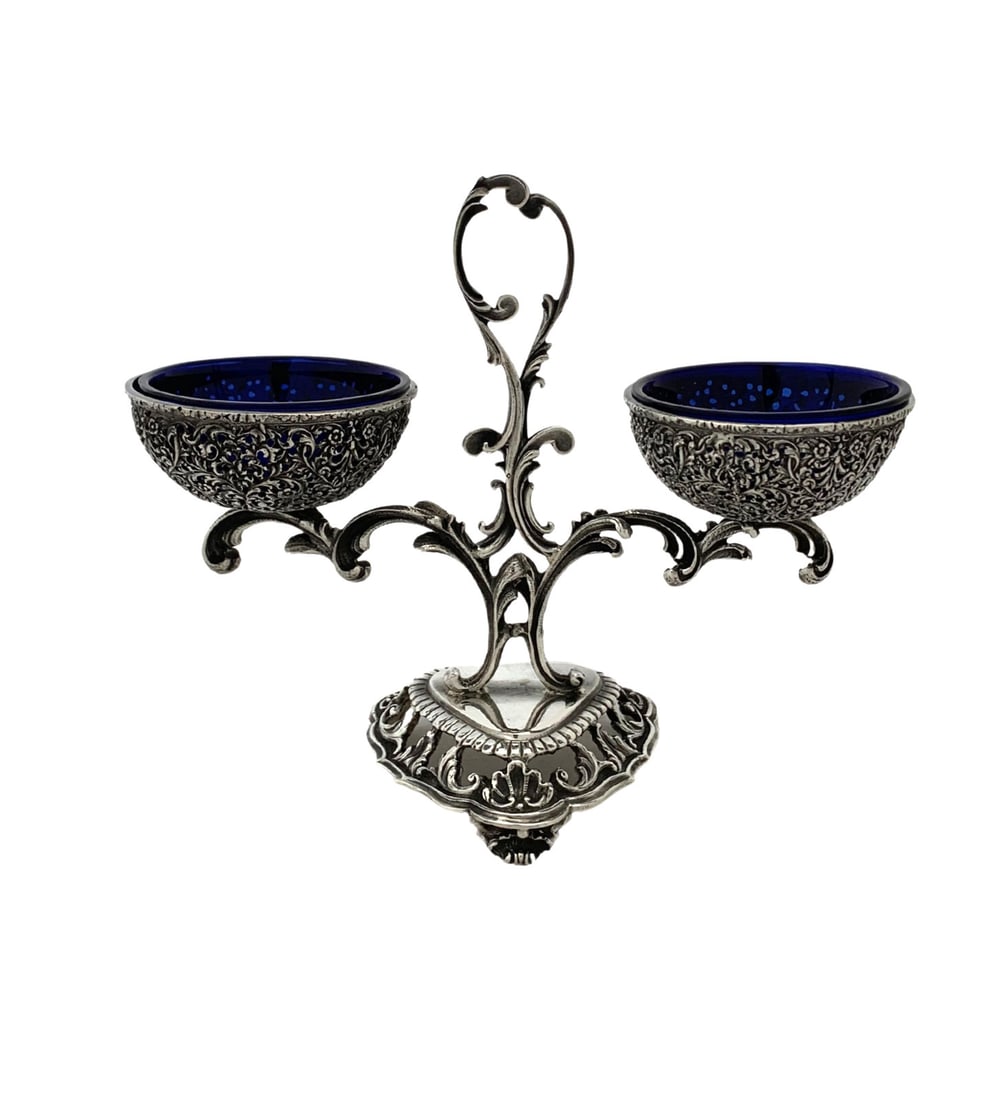 Italian 925 Sterling Silver Blue Glass Double Salt Holder Handmade Lace: Italian 925 Sterling Silver Blue Glass Double Salt Holder Handmade Lace This exquisite double salt holder is crafted from fine Italian 925 sterling silver and adorned with elegant blue glass accents.