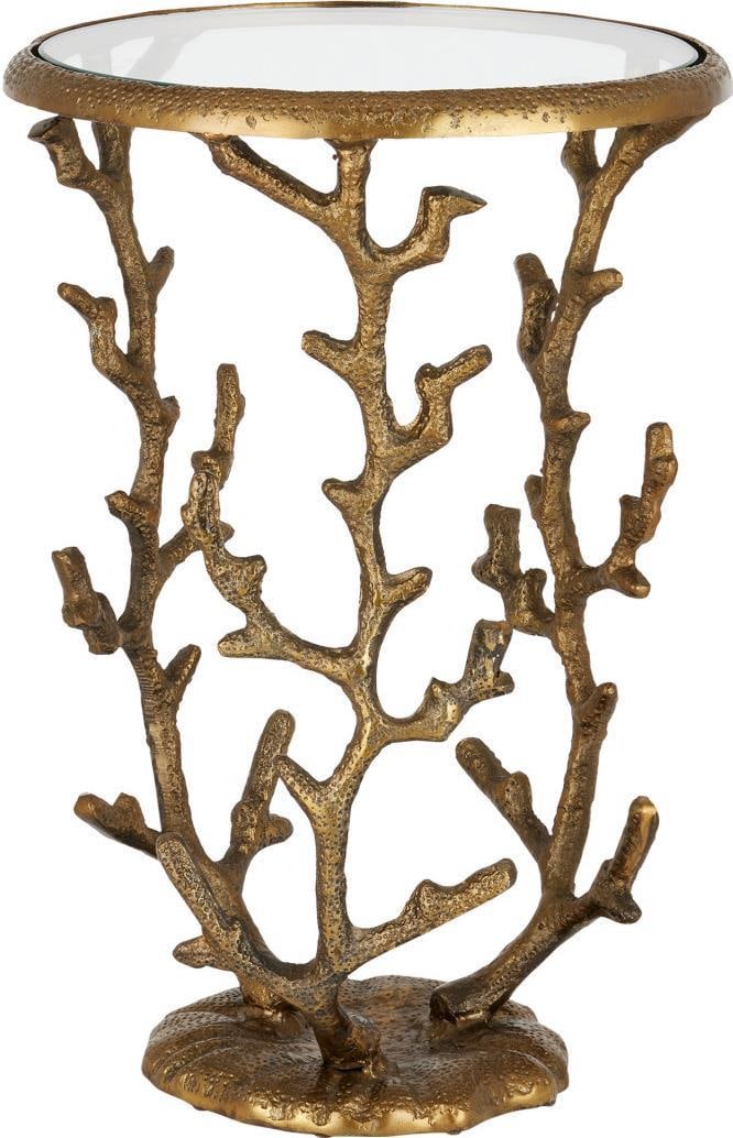 Currey Coral Accent Table Brass Glass Top 21H 14W 14D: Currey Coral Accent Table Brass Glass Top 21H 14W 14D Enhance your living space with this stylish Brass Coral Accent Table featuring a glass top. Crafted in an antique style, this table combines vinta